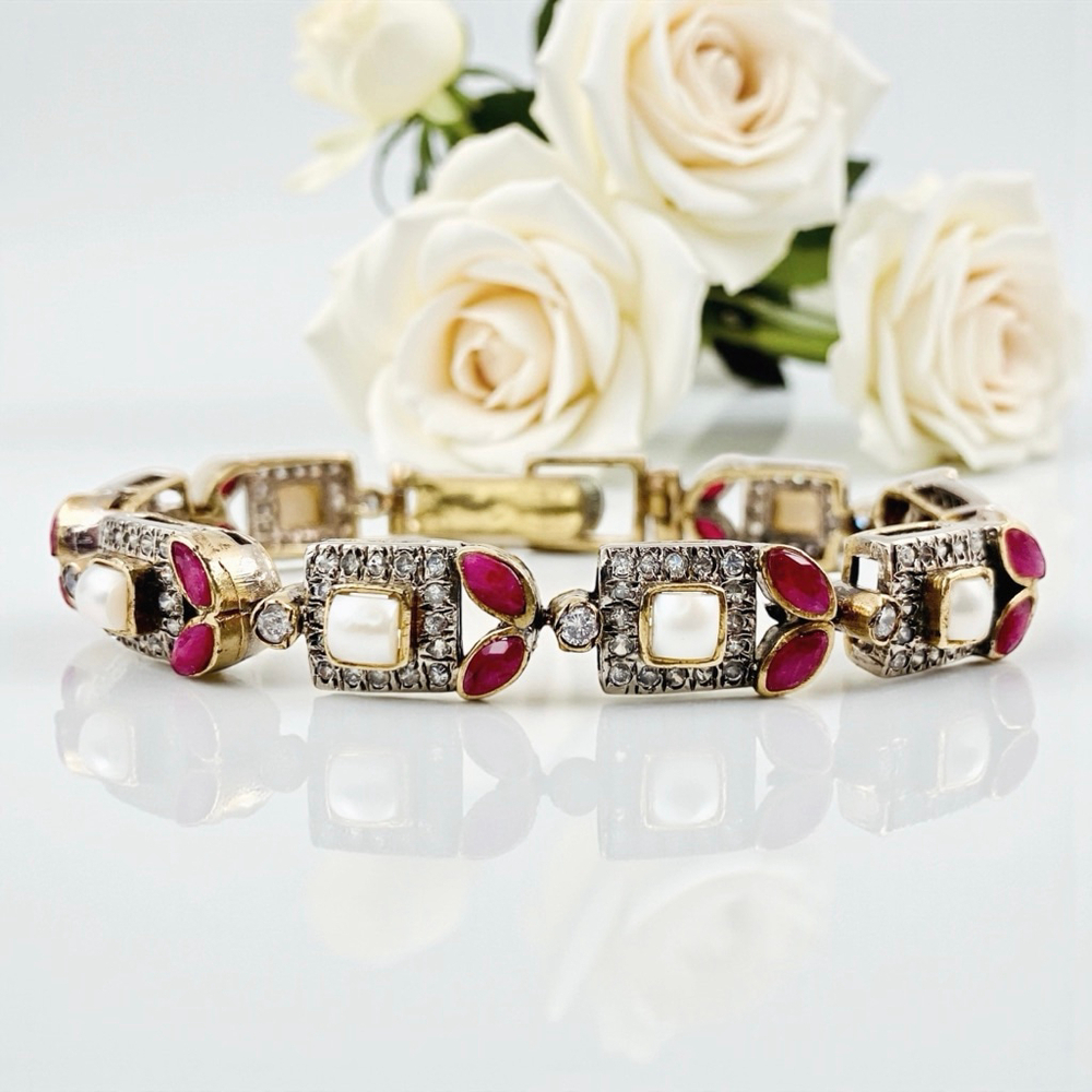 Vintage Mughal Revival Bracelet, Natural Ruby Pearl Diamond Gold Vermeil, Indian